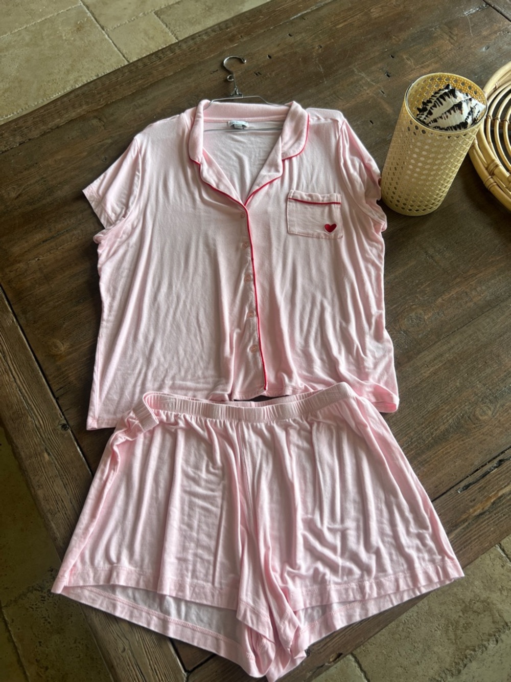 Women's Pink Short Pajama Set with Heart Pocket